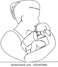 One continuous single drawing line art flat doodle happy, mom, one, illustration, mother, love, food, nursing. Isolated image hand draw contour on a white background
