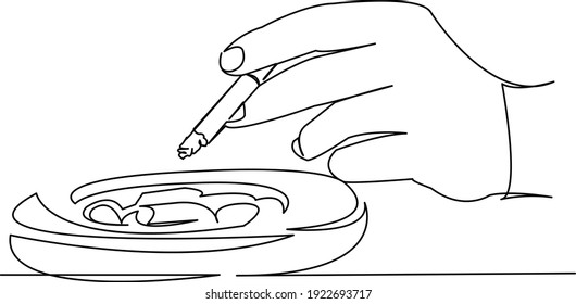 Eine durchgängige, einfache Ziehlinie Kunst flache Hand, Zigarette, Aschenbecher, Rauch, Tabak. Einziger handgezeichneter Hintergrund
