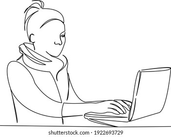 One continuous single drawing line art flat doodle character, business, cartoon, one, laptop, worker. Isolated image hand draw contour on a white background
