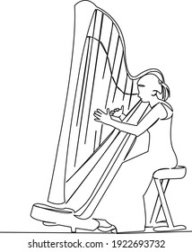 One continuous single drawing line art flat doodle beautiful, music, beauty, female, girl, harp. Isolated image hand draw contour on a white background
