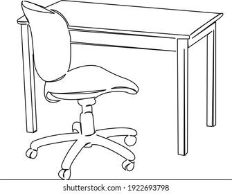 One Continuous Single Drawing Line Art Flat Doodle Computer, Chair, Office, Furniture, Work, Desktop. Isolated Image Hand Draw Contour On A White Background
