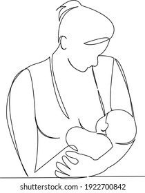 One continuous single drawing line art flat doodle happy, mom, one, illustration, mother, love, food, nursing. Isolated image hand draw contour on a white background
