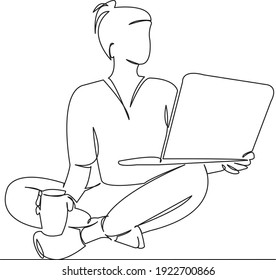 One continuous single drawing line art flat doodle character, business, cartoon, one, laptop, worker. Isolated image hand draw contour on a white background
