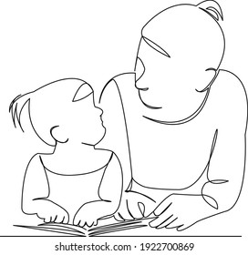 One continuous single drawing line art flat doodle mother, child, book, mom, woman, story, literature. Isolated image hand draw contour on a white background
