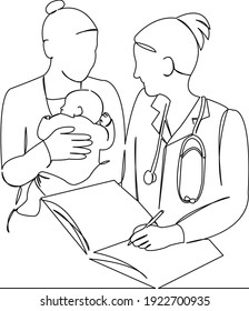 One continuous single drawing line art flat doodle mother, child, doctor, talking, female, woman, patient, medical. Isolated image hand draw contour on a white background
