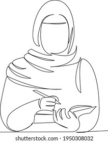 One continuous single drawing line art flat doodle muslim, woman, people, female, girl, college. Isolated image hand draw contour on a white background
