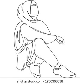 One continuous single drawing line art flat doodle hand, muslim, beauty, girl, young, woman, fashion. Isolated image hand draw contour on a white background
