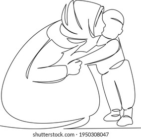 One continuous single drawing line art flat doodle mother, woman, son, muslim, happy, family, islam. Isolated image hand draw contour on a white background
