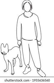 One continuous single drawing line art flat doodle pet, animal, people, dog, boy. Isolated image hand draw contour on a white background
