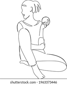 One continuous single drawing line art flat doodle girl, apple, happy, beautiful, young. Isolated image hand draw contour on a white background
