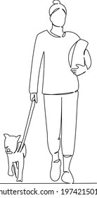 One continuous single drawing line art flat doodle girl, pet, dog, cute, young, woman, female, beautiful, love. Isolated image hand draw contour on a white background
