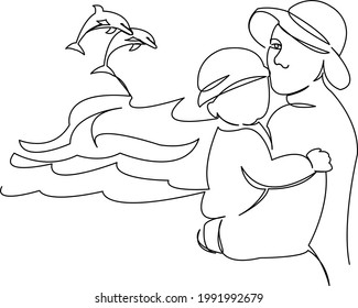 One continuous single drawing line art flat doodle sea, baby, mom, dolphin, blue, water, child. Isolated image hand draw contour on a white background
