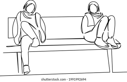 One continuous single drawing line art flat doodle girl, bench, woman, park, sitting, nature. Isolated image hand draw contour on a white background

