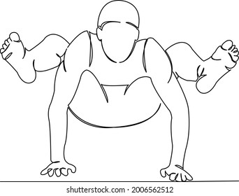 Una línea de dibujo única continua arte garabato plano yoga, pose, ejercicio, macho, fitness, entrenamiento, hombre, adulto, equilibrio. Contorno de dibujo a mano de imagen aislada en un fondo blanco
