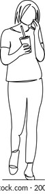 One continuous single drawing line art flat doodle coutline, talking, girl, young, lifestyle, coffee, phone, cup, drink. Isolated image hand draw contour on a white background

