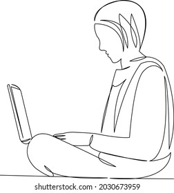 One continuous single drawing line art flat doodle laptop, female, girl, young, technology, internet. Isolated image hand draw contour on a white background
