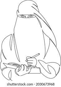 One continuous single drawing line art flat doodle muslim, schoolgirl, girl, education, woman, arab, asian, islamic. Isolated image hand draw contour on a white background
