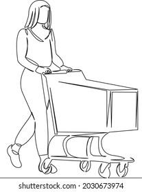 One continuous single drawing line art flat doodle trolley, girl, cart, female, shopping, consumer. Isolated image hand draw contour on a white background
