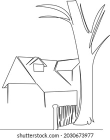 One continuous single drawing line art flat doodle house, tree, grass, fence, building, green, garden, landscape. Isolated image hand draw contour on a white background
