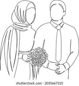 One continuous single drawing line art flat doodle single, people, couple, man, female, groom, muslim, married, wedding. Isolated image hand draw contour on a white background
