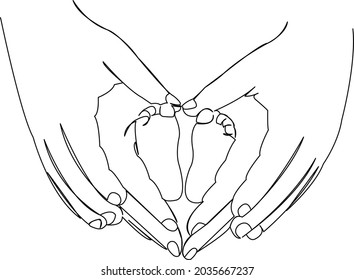 One continuous single drawing line art flat doodle hand, finger, small, newborn, baby, infant, care, child, mom, foot, feet. Isolated image hand draw contour on a white background
