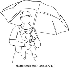 One continuous single drawing line art flat doodle man, people, child, umbrella, family, daughter, father. Isolated image hand draw contour on a white background
