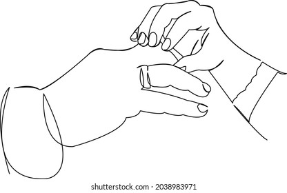 One continuous single drawing line art flat doodle ring, love, woman, wedding, marriage, man, finger, engagement. Isolated image hand draw contour on a white background
