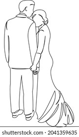 One continuous single drawing line art flat doodle wedding, bride, white, love, beautiful, groom, girl. Isolated image hand draw contour on a white background
