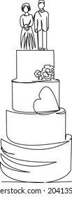 One continuous single drawing line art flat doodle cake, wedding, flower, rose, dessert, food. Isolated image hand draw contour on a white background
