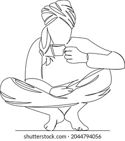 One continuous single drawing line art flat doodle man, asian, indian, male, cup, beard, coffee. Isolated image hand draw contour on a white background
