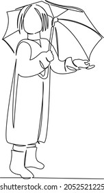 One continuous single drawing line art flat doodle mother, woman, child, umbrella, day, rain, autumn. Isolated image hand draw contour on a white background
