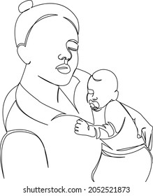 Una línea de dibujo continua de arte de dibujos planos madre, mujer, madre, hijo, maternidad, amor, familia. Contorno de dibujo a mano de imagen aislada en un fondo blanco
