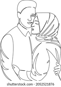 One continuous single drawing line art flat doodle couple, woman, man, lover, love, muslim, married. Isolated image hand draw contour on a white background
