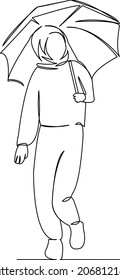 Una contínua línea de dibujo, niña de garabatos, joven, feliz, hermosa, musulmana, paraguas, clima. Contorno de dibujo a mano de ilustración plana aislada en un fondo blanco
