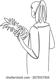 One continuous single drawing line art doodle woman, female, girl, pineapple, happy, fruit. Isolated flat illustration hand draw contour on a white background
