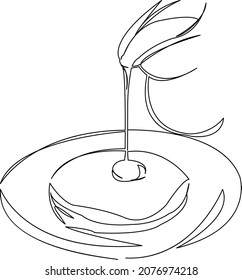 One continuous single drawing line art doodle pancake, sweet, syrup, plate, food, meal, dessert, lunch. Isolated flat illustration hand draw contour on a white background
