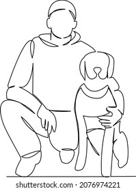 One continuous single drawing line art doodle pet, dog, animal, young, man, happy, friend, male, friendship. Isolated flat illustration hand draw contour on a white background
