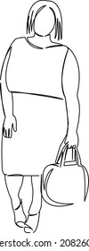 Un doodle continuo de la línea de dibujo de la mujer, tamaño, más, grasa, joven, chica, moda, sobrepeso, hermoso, sexy, bodypositivo. Gráfico plano aislado contorno de dibujo manual sobre fondo blanco