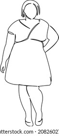 Un doodle continuo de arte de línea de dibujo hembra, tamaño, más, grasa, joven, chica, modelo, sobrepeso, hermoso, sexy, bodypositivo. Contorno de dibujo a mano de ilustración plana aislada en una b blanca