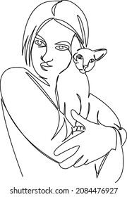 One continuous single drawing line art doodle pet, girl, cat, love, animal, happy, friend, friendship. Isolated flat illustration hand draw contour on a white background

