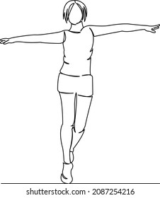 Una línea de dibujo continua arte de garabato plano hembra, chica, joven, danza, mujer, feliz, modelo, moda. Contorno de dibujo a mano de imagen aislada en un fondo blanco
