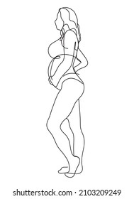 One continuous single drawing line art doodle pregnant woman. Isolated illustration hand draw contour on a white background. woman full length holding her belly