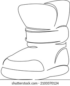 One continuous single drawing line art flat doodle winter, shoe, object, isolated, child, clothing, footwear, fur. Isolated image hand draw contour on a white background
