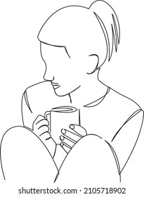 One continuous single drawing line art flat doodle cup, tea, girl, drink, female, coffee, beauty, hot, beverage. Isolated image hand draw contour on a white background
