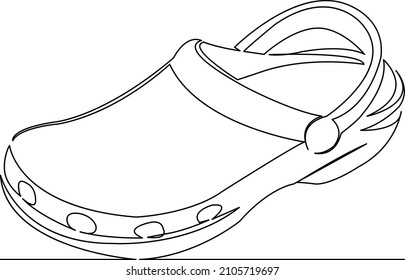 Una línea de dibujo única continua arte de cartón plano zapatillas, sandalias, calzado, plástico, playa, moda, ocio. Contorno de dibujo a mano de imagen aislada en un fondo blanco
