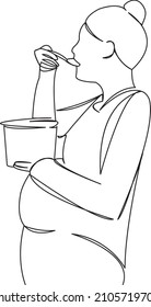 One continuous single drawing line art flat doodle pregnant, food, ice, cream, woman, maternity, belly, eating. Isolated image hand draw contour on a white background
