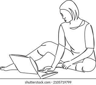 One continuous single drawing line art flat doodle woman, computer, laptop, girl, young, technology, internet. Isolated image hand draw contour on a white background
