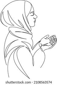 One continuous single drawing line art flat doodle islamic, beautiful, woman, muslim, isolated, girl, traditional, pray. Isolated image hand draw contour on a white background
