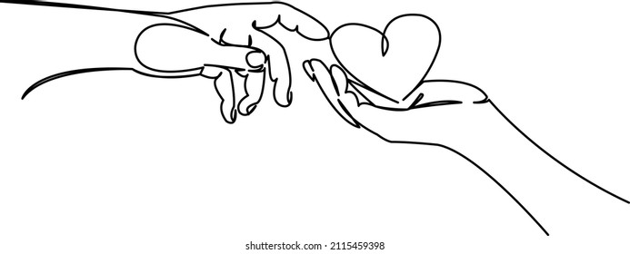 One continuous single drawing line art flat doodle heart, hand, love, two, concept, people, valentine, romantic. Isolated image hand draw contour on a white background
