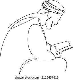 One continuous single drawing line art flat doodle muslim man reads the quran and prays alah religion. Isolated image hand draw contour on a white background
